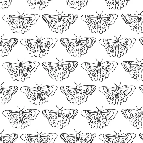 蝶の着色パターン。白い背景にシームレスなベクトル背景ブラックラインアート蝶。ページ、ファブリック、子供の装飾、ラッピング、表面デザインの着色のためのモノクローム手描きのデザイン. — ストックベクタ