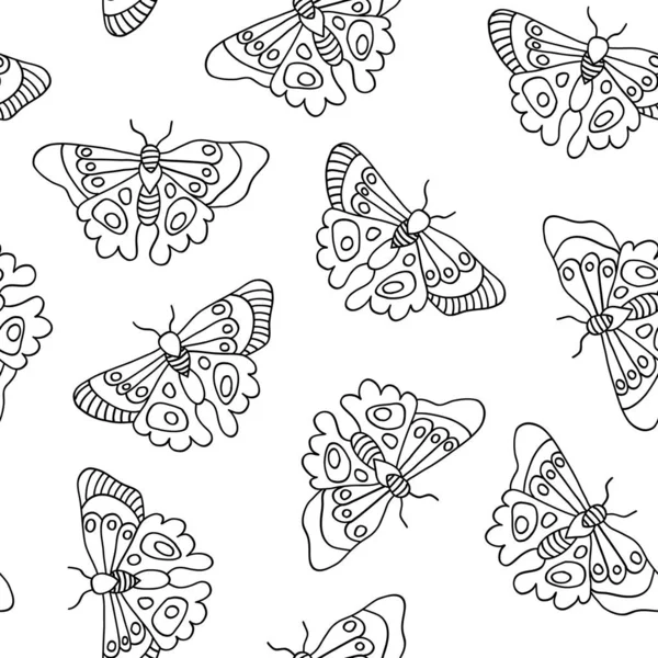 蝶のシームレスなベクトルパターン。蝶の色の背景白の黒のラインアート蝶。ページ、ファブリック、子供の装飾、ラッピング、表面デザインの着色のためのモノクローム手描きのデザイン. — ストックベクタ
