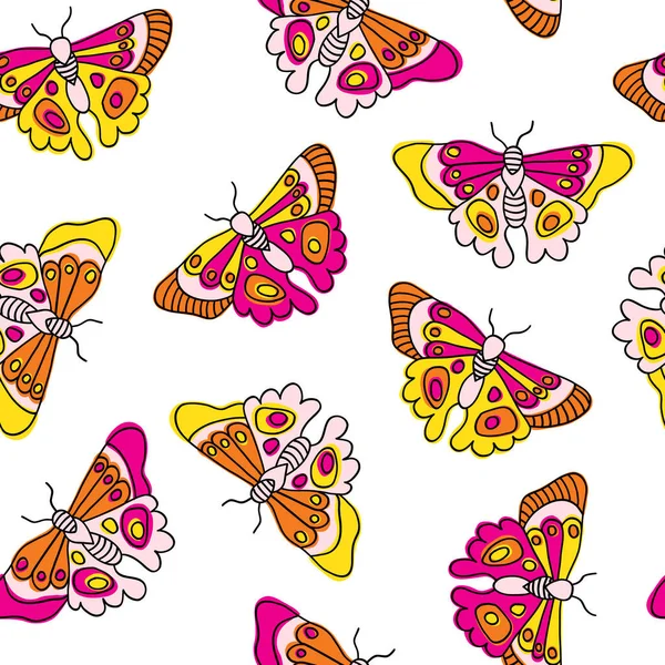 Mariposas fondo vectorial sin costuras. Patrón de insectos mariposa repetir azulejo. Diseño colorido dibujado a mano de la primavera del verano para la tela, decoración de los niños, envoltura, diseño superficial — Archivo Imágenes Vectoriales