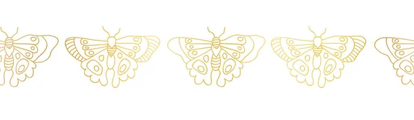 Borda de borboleta dourada. Padrão vetorial sem costura borboletas folha de ouro horizontais em um fundo branco. Design elegante desenhado à mão para cartões de mola, decoração para crianças, design de superfície, rodapé, cabeçalho. —  Vetores de Stock