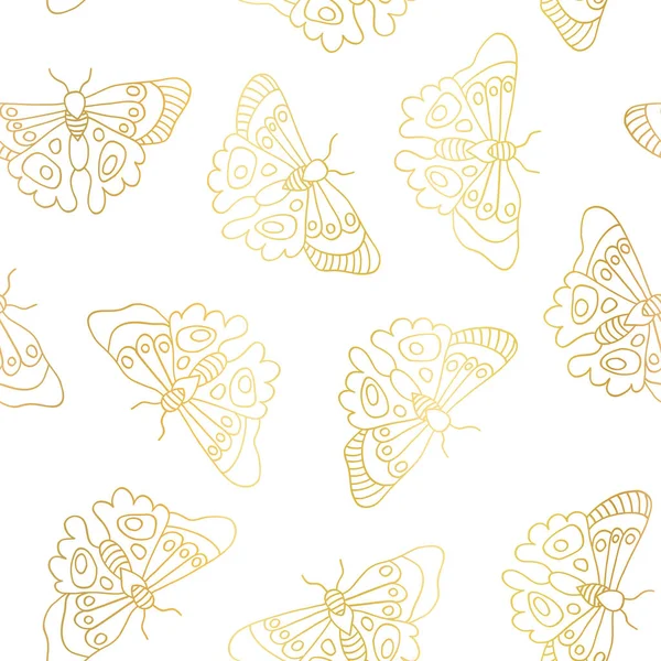 Mariposas sin costura patrón vectorial oro efecto lámina metálica. Mariposa de fondo dorado línea de arte mariposas en blanco. Elegante diseño dibujado a mano para la decoración de primavera, verano, envoltura, diseño de superficie. — Vector de stock