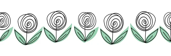 Abstrakcyjny kwiat doodle bezszwowa granica. Nowoczesny wzór liniowy dekoracyjne kwiaty, natura dzikiego pola i łąki. Ilustracja szkicu wektora odizolowana na białym tle. Prosta granica minimalizmu. — Wektor stockowy