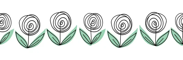 Abstraktes Doodle Blume nahtlose Grenze. Moderne lineare Muster dekorative Blumen, Natur von wilden Feld und Wiese. Vektorskizze Illustration isoliert auf weißem Hintergrund. Einfache Grenze zum Minimalismus. — Stockvektor