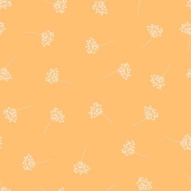 Botanik kusursuz vektör deseni. Turuncu arka planda ince çiçek siluetleri. Yabani çimen çiçekleri zarif. Kumaş, hediye paketi, duvar kağıdı, ev dekorasyonu için hassas minimal doğa baskısı.
