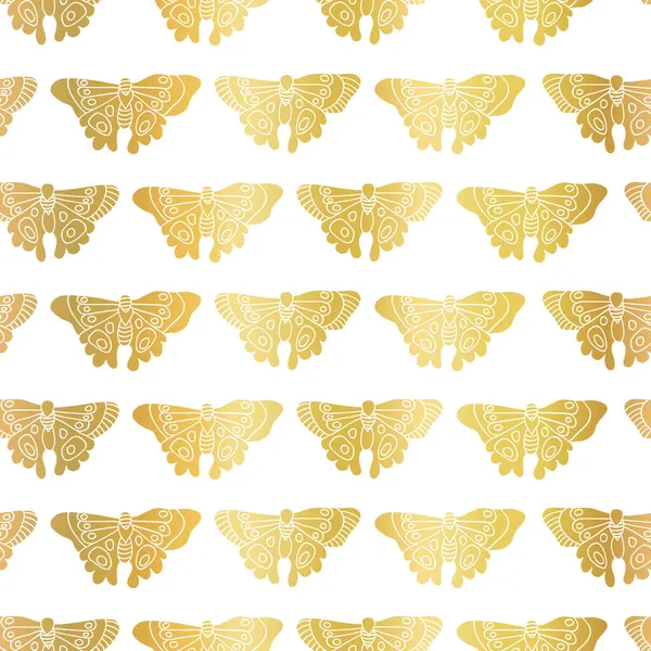 Schmetterlinge metallische Goldfolie Effekt nahtlose Vektormuster. Schmetterlingshintergrund golden auf weiß. Elegantes Design für Frühlingsdekor, Sommer, Verpackung, Oberflächengestaltung, Tapeten, Geschenktüten — Stockvektor