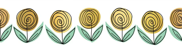 Seamless border flowers gold foil effect. Modern horizontal doodle line art pattern decorative metallic golden florals. Vector sketch illustration isolated on white background. Elegant border, footer. — Stock Vector