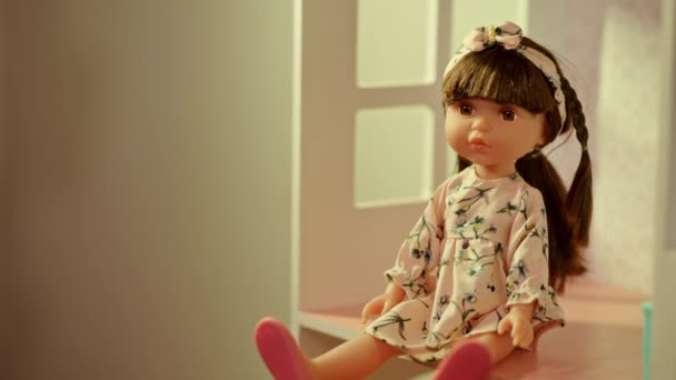 Zbliżenie Cute Lalka Ładną Odzież Siedzi Podłodze Małego Domu Dekoracyjnego — Wideo stockowe