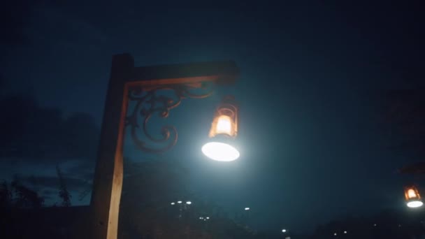 Venkovní Stabilizovaný Noční Záběr Starožitné Lucerny Kymácející Větru Zahradě — Stock video