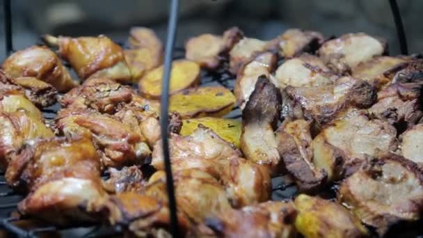 Primo piano del caldo armeno nazionale gustoso maiale e pollo barbecue — Video Stock