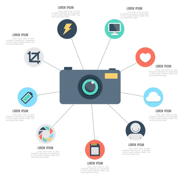 Φωτογραφική μηχανή με εικονίδια για πρότυπο — Διανυσματικό Αρχείο