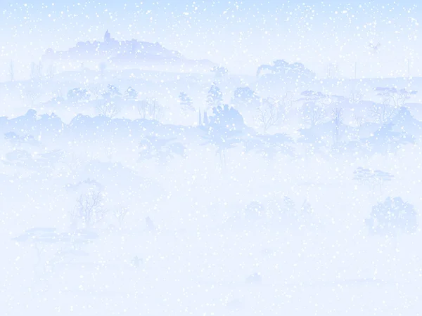 Illustratie van sneeuwval in veld met bomen. — Stockvector