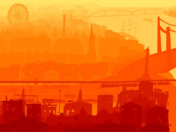 Illustrazione astratta del centro città al tramonto . — Vettoriale Stock