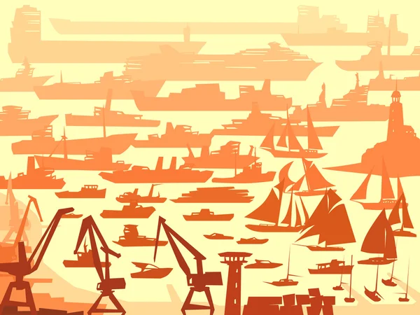 Abstrakter Hintergrund eines großen Hafens mit vielen verschiedenen Schiffen. — Stockvektor