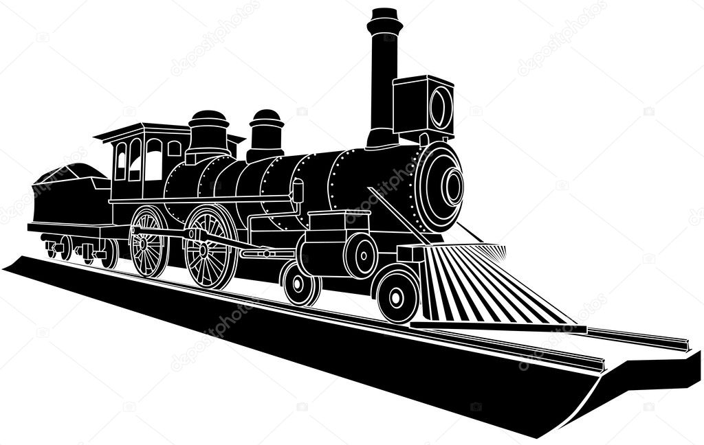 Vector monochrome illustration of old steam train.