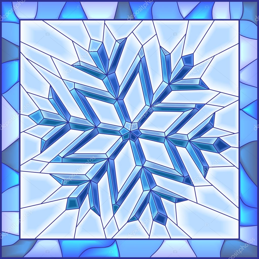 Snowflake stained glass window with frame.