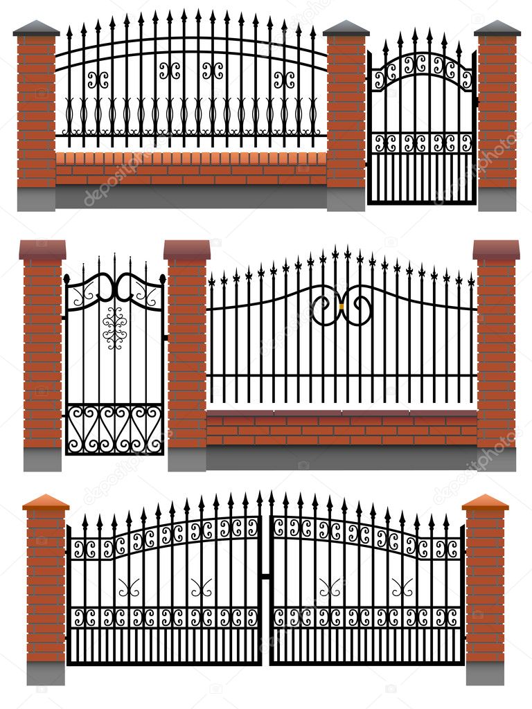 Gate and fences with brick columns and metal lattice.