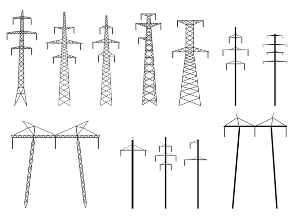 Ensemble de silhouettes vectorielles de pylônes ligne électrique . — Image vectorielle