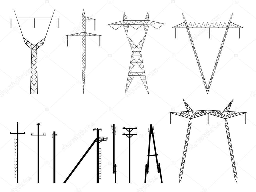 Set of vector silhouettes of pylons power line.