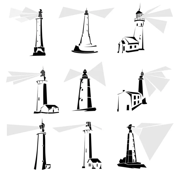 Set of black and white lighthouse icons. — Stock Vector