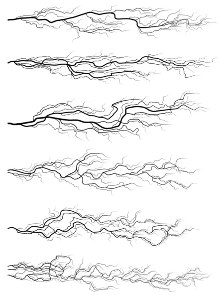 Set of silhouettes of thunderstorm horizontal lightning. — Stock Vector