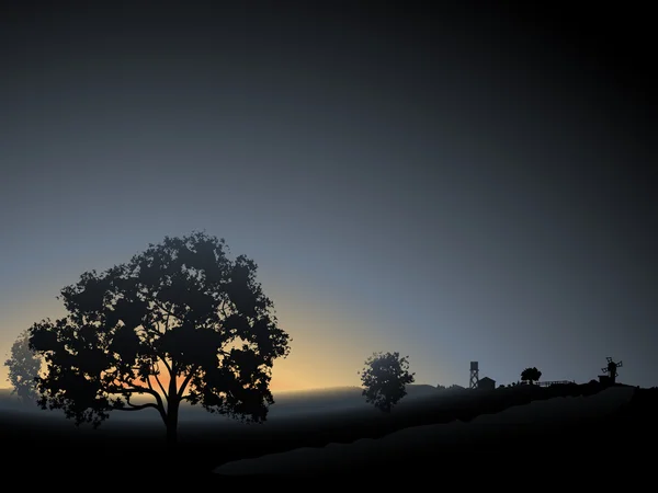 Vector árbol solitario en la mañana niebla amanecer . — Vector de stock