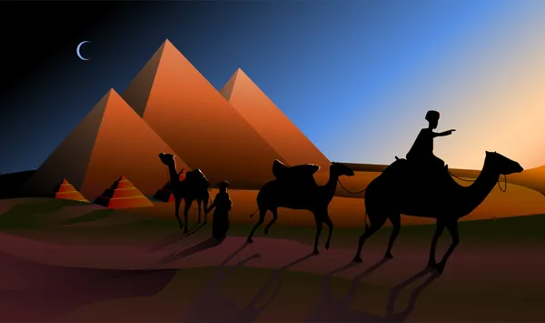 Camellos beduinos caravana contra más de pirámides . — Vector de stock