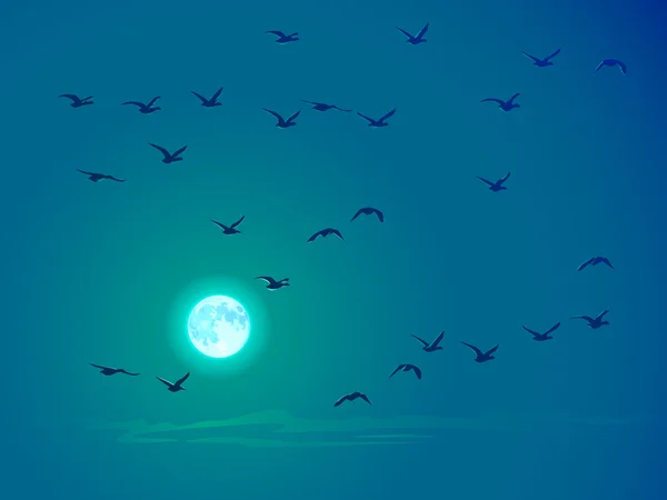 Vector flying birds against pale moon. — Stock Vector