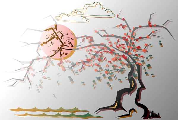 Sakura abstracta con flores rojas y azules en estilo de dibujos animados . — Vector de stock