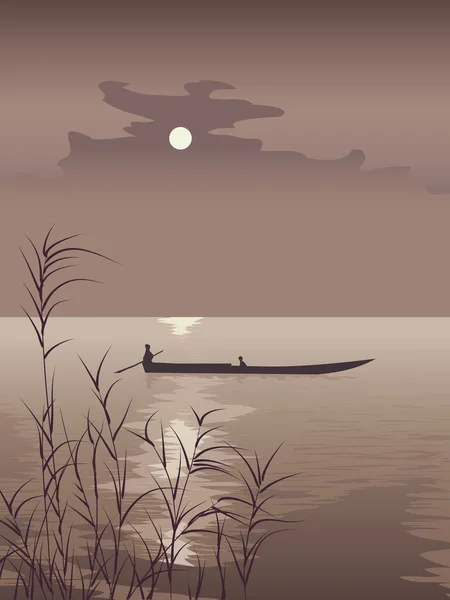 Векторні ілюстрації човен на озері проти місяць — стоковий вектор
