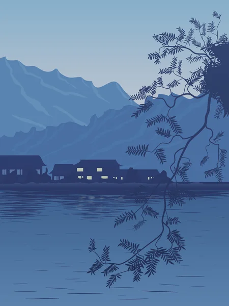 Vektorové ilustrace z vesnice na břehu jezera v večer — Stockový vektor
