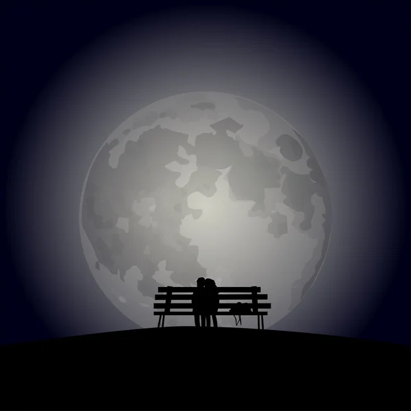 倾心的情侣对满月的长凳上， — 图库矢量图片
