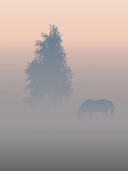 一棵树和一匹马在雾中. — 图库矢量图片