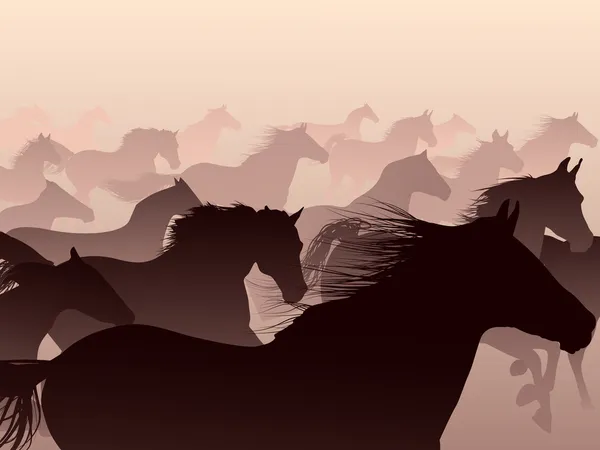 Manada de caballos saltando en un humo — Vector de stock