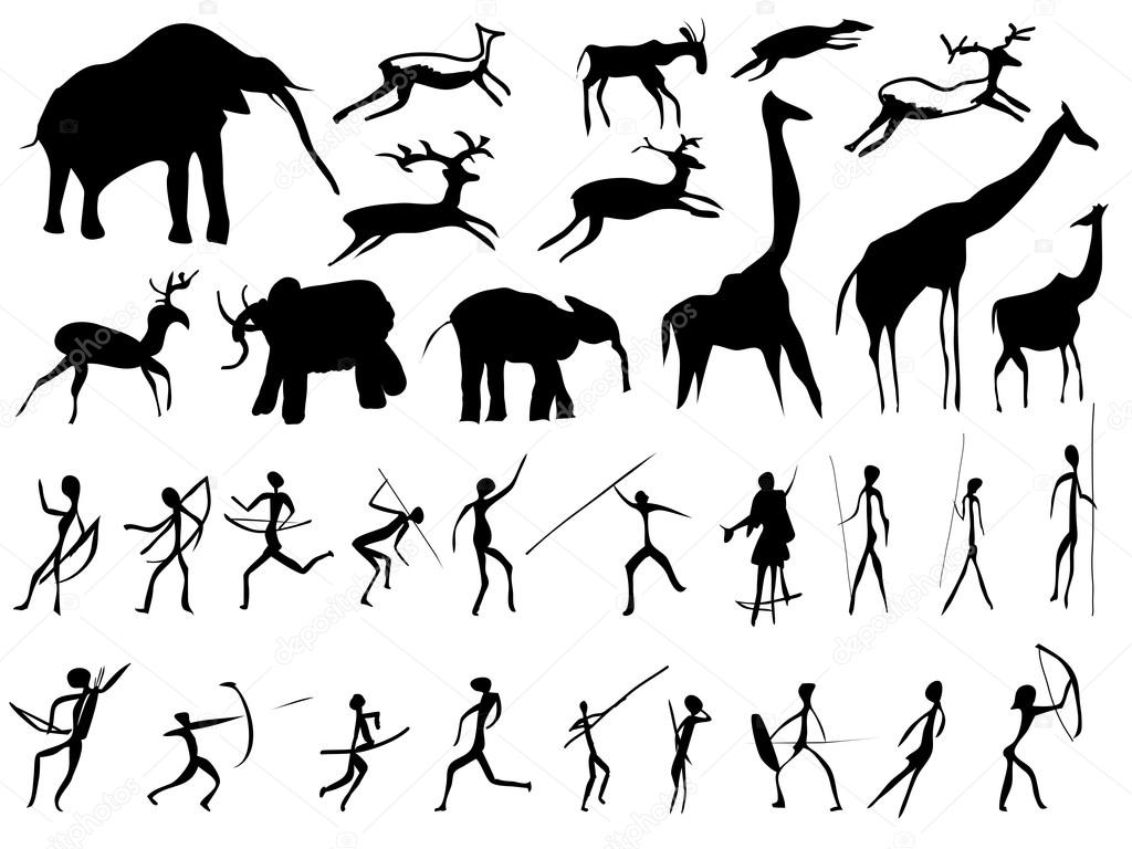 Set of pictures of and animals in the prehistoric period