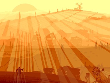 Abstract illustration of village in sunset rays. clipart