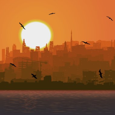 Deniz kenarında büyük şehir illüstrasyon gün batımında.