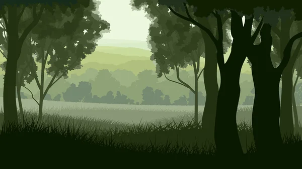 Ilustración horizontal dentro del bosque de madera verde . — Archivo Imágenes Vectoriales