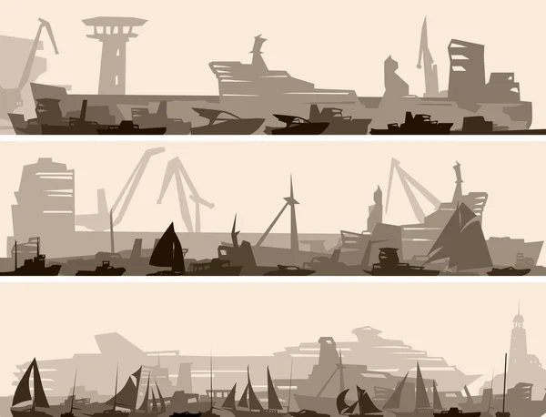 Horizontale banner van grote haven met veel verschillende schepen. — Stockvector