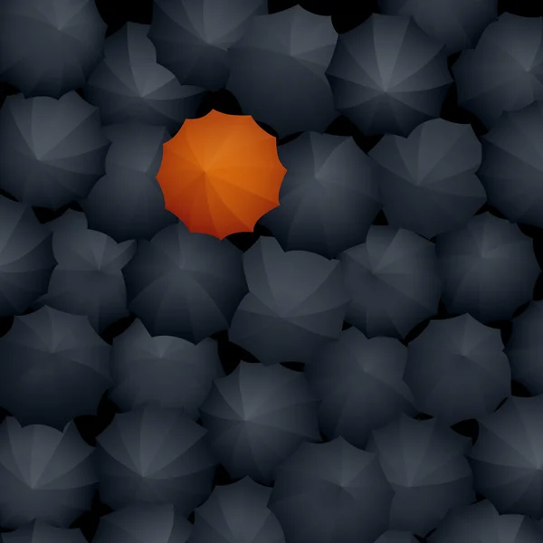 Widok z góry wielu parasolek czarny, jeden pomarańczowy. — Wektor stockowy