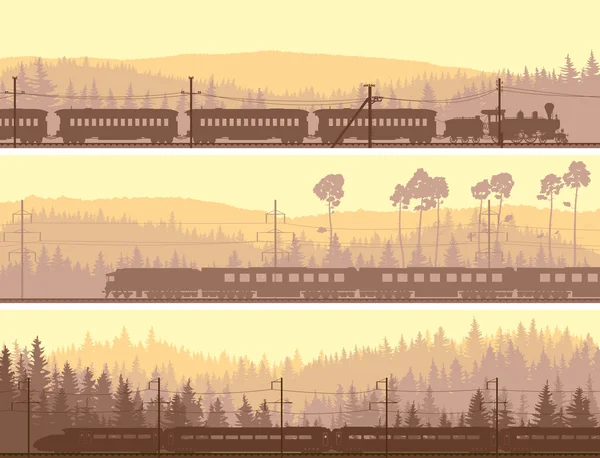 Horizontale banners van locomotief en trein heuvels naaldbossen woo — Stockvector