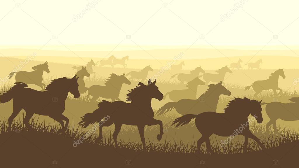 Horizontal illustration herd of horses.