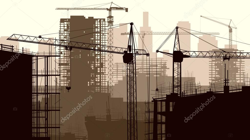 Illustration of construction site with crane and building.
