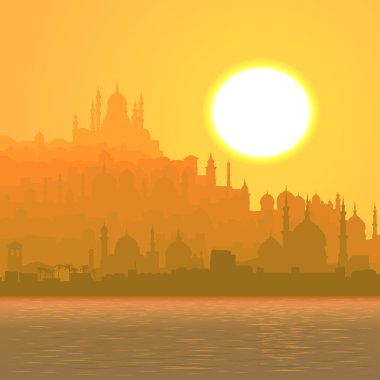 büyük Arap şehri deniz illüstrasyon gün batımında.