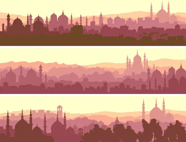 Horizontale banners van grote Arabische stad bij zonsondergang. — Stockvector