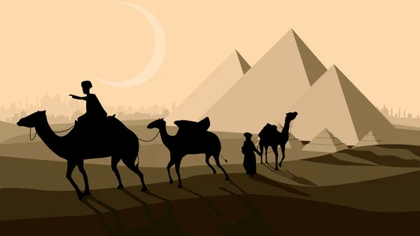 Vector bedouin caravan camels against over pyramids. — Stock Vector