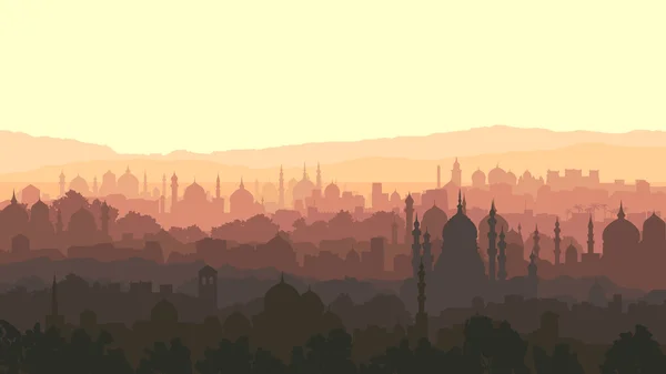 Horizontal illustration of big arab city at sunset. — Stok Vektör