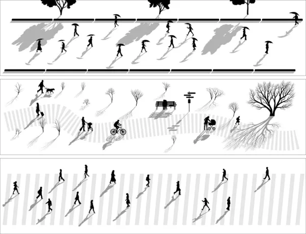 Bannière abstraite de silhouettes de foule avec ombres . — Image vectorielle