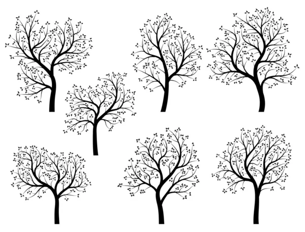 Abstracte silhouetten van de bomen van de lente met bladeren. — Stockvector