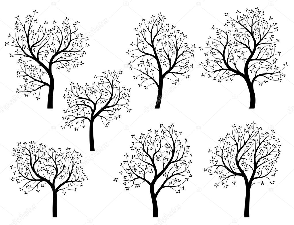 Abstract silhouettes of spring trees with leaves.