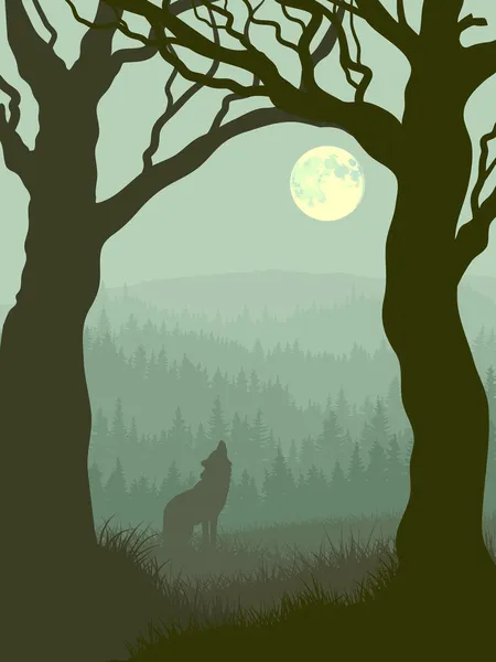 Ilustração quadrada de lobo uivando na lua . —  Vetores de Stock